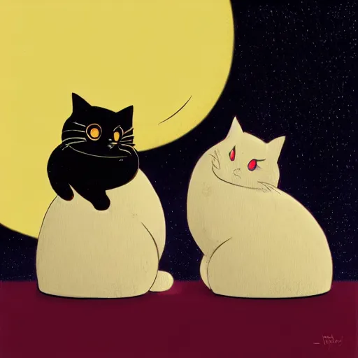 Prompt: two cats curled up with each other on a rooftop under a bright moon light, in the style of ilya kuvshinov