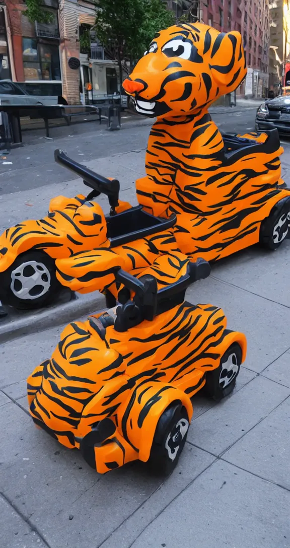 Image similar to a plastic ride kiddie ride that looks like a tiger on the sidewalk in NYC