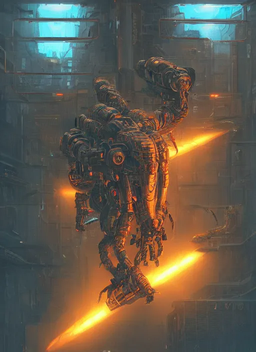 Prompt: large robotic scorpion shape bristling with weapons, neal asher sci - fi, cyberpunk, artstation, conceptual, hyperdetailed, donato giancola, james gurney, neon lights, mood lighting, rust