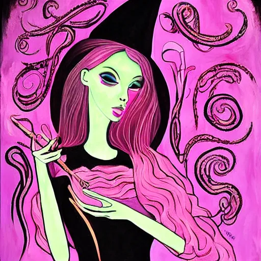 Image similar to The pink witch practices visually stunning witchcraft. Painting.