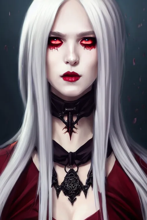 Image similar to Portrait of seductive female necromancer, D&D, revealing stylish dress, red eyes, dark eyeshadow, choker on neck, long blonde hair, mouth slightly open, slight nerdy smile, fantasy, intricate, elegant, highly detailed, digital painting, artstation, concept art, smooth, sharp focus, illustration, art by artgerm and greg rutkowski and alphonse mucha
