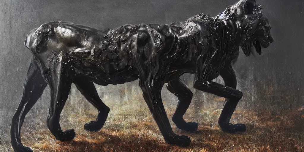 Image similar to the black lioness made of ferrofluid, walking in the suburban neighborhood, dripping tar. painting, environment art, realistic, detailed