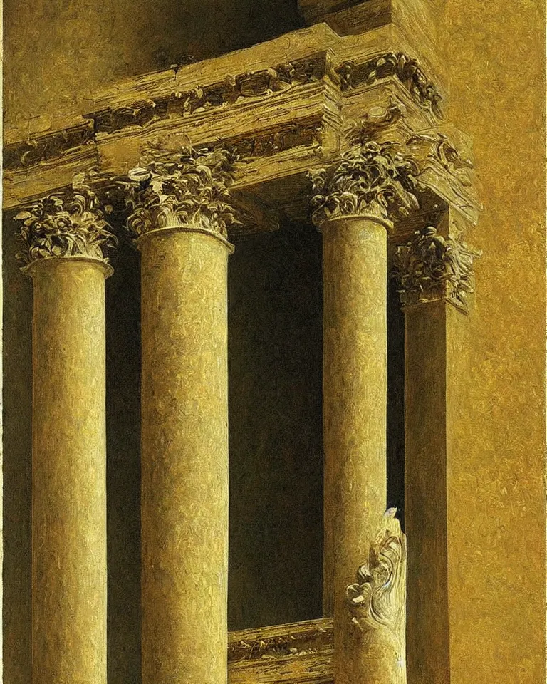 Image similar to achingly beautiful painting of intricate ancient roman corinthian capital on 2 2 k gold background by rene magritte, monet, and turner. giovanni battista piranesi.