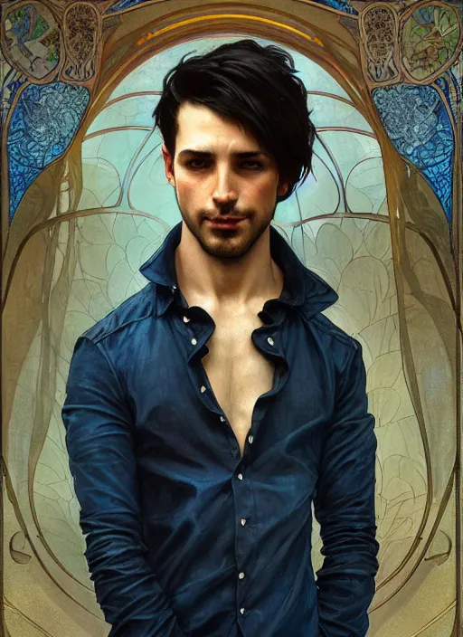 Image similar to handsome young man with short black hair, male, dressed in blue, looking down, half body shot, arms down, path traced, highly detailed, high quality, digital painting, bastien lecouffe - deharme, alphonse mucha, art nouveau, posuka demizu