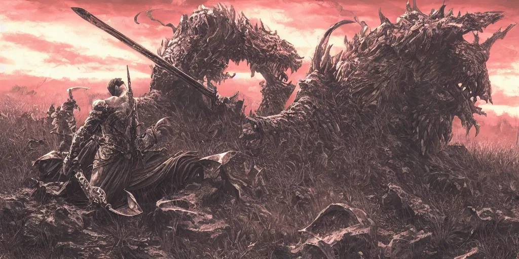 Image similar to lone king clutching sword as he kneels in a decrepit battlefield underneath a crimson sky, by Kentaro Miura, hyperdetailed, artstation, cgsociety