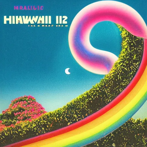 Image similar to miracle musical Hawaii part ii album cover, showing an ocean in the background, spiral transparent stairs on the left, a slight rainbow in the background, white outline border, moon in the right top area