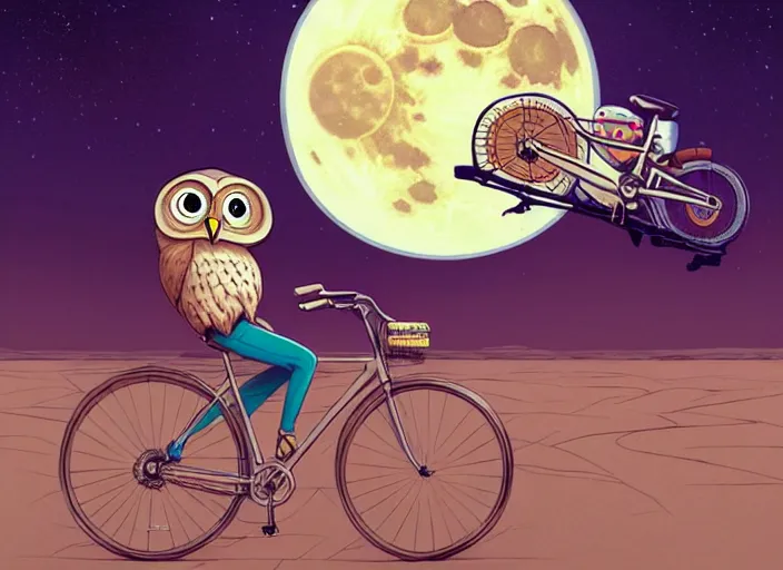 Image similar to a cell shaded cartoon owl riding a bicycle, with a big head, on a desert road, wide shot, in front of a big moon, muted colors, post grunge, josan gonzales, wlop, by james jean, victor ngai, hq, deviantart, art by artgerm