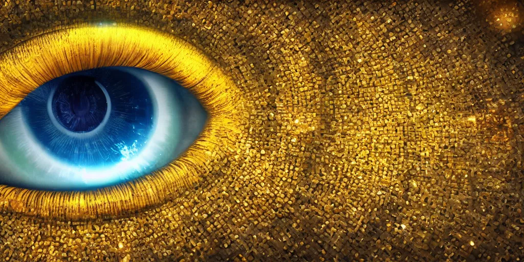 Image similar to Giant eye at the center of the universe, golden spiraling iris, black pupil, unreal octane render, trending on artstation, highly detailed, epic composition, 8k UHD