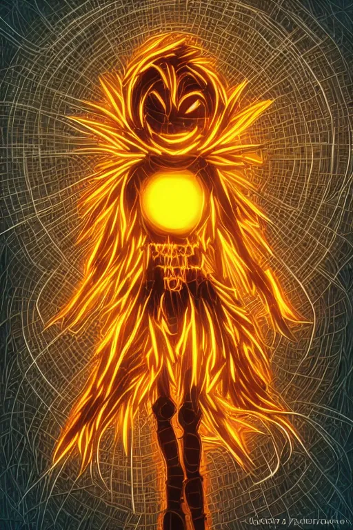 Image similar to glowing scarecrow, symmetrical, highly detailed, digital art, sharp focus, trending on art station, anime art style