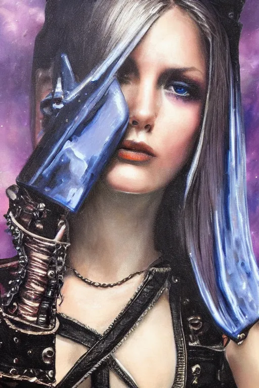 Image similar to hyperrealism oil painting, close - up portrait of punk gothic medieval brunette fashion model, knight, steel gradient mixed with nebula sky, in style of baroque