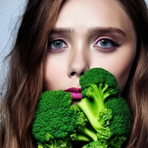Image similar to elizabeth olsen with a [ [ head made of broccoli ] ]!!, trending on cgsociety, 4 k quality, intricate
