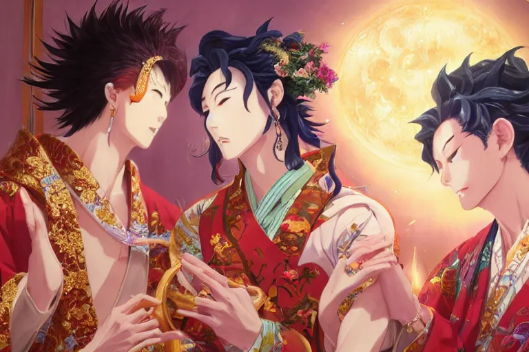 Image similar to close up moment of a divine a japan sun god and a moon goddess lovers magician at a wedding banquet, highly detailed, genshin, fantasy, 4 k realistic, digital painting, trending on artstation, concept art, sharp focus, illustration, art by makoto shinkai and akihiko yoshida and daniel gerhartz