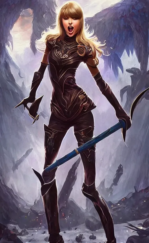 Image similar to taylor swift as a league of legends champion similar to seraphine from league of legends with a microphone in her hand as her weapon drawn in frank frazetta style, high quality, very well proportioned silhouette, contemporary art, taylor swift face