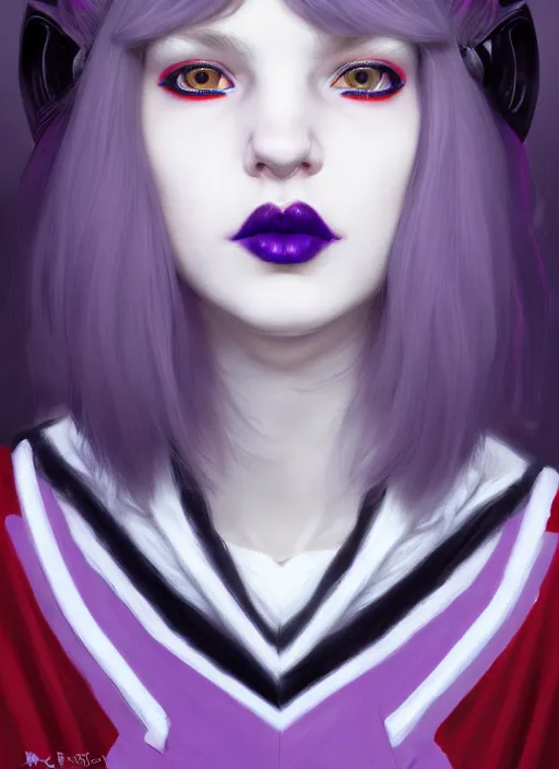 Image similar to portrait of white teenage girl, normal face, white bangs, mall goth, cyberlox, black and white hair, bangs, fluffy bangs, red contact lenses, purple lipstick, intricate, elegant, highly detailed, digital painting, artstation, concept art, sharp focus, smooth, illustration, art by wlop, mars ravelo and greg rutkowski