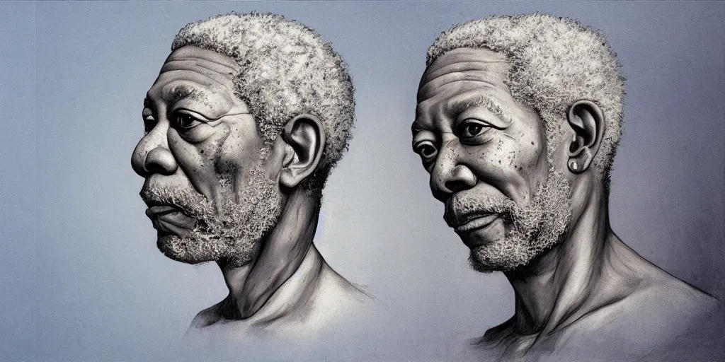 Image similar to Morgan Freeman human anatomy by Leonardo da Vinci, light blue tint, concept art