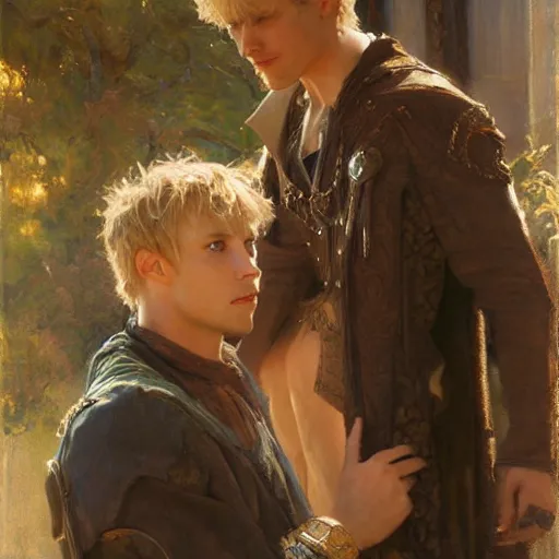 Image similar to attractive arthur pendragon confesses his love to attractive male merlin. highly detailed painting by gaston bussiere, craig mullins, j. c. leyendecker 8 k