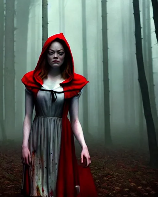 Image similar to hyperrealistic mixed media painting of Emma Stone as little red riding hood, dark foggy forest background, stunning 3d render inspired art by P. Craig Russell and Barry Windsor-Smith + perfect facial symmetry + dim volumetric lighting, 8k octane beautifully detailed render, post-processing, extremely hyperdetailed, intricate, epic composition, grim yet sparkling atmosphere, cinematic lighting + masterpiece, trending on artstation, very very detailed, masterpiece, stunning