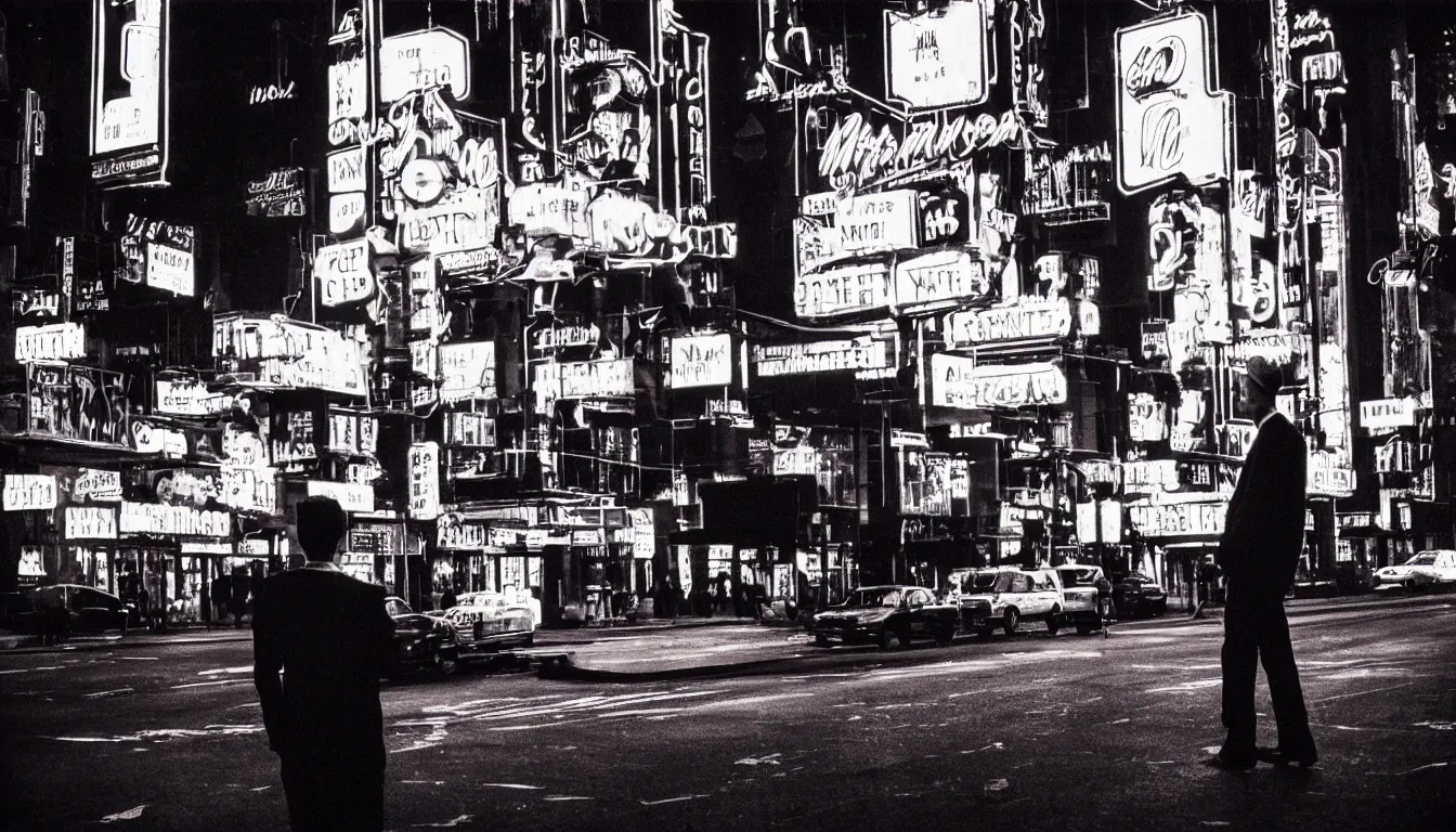 Prompt: 8 0 s polaroid photo, cinema still, tall man in suit smoking and watching new york panorama at night, neon signs, colorful haze, americana, high production value, 8 k resolution, hyperrealistic, photorealistic, high definition, high details, tehnicolor, award - winning photography, masterpiece, amazing colors