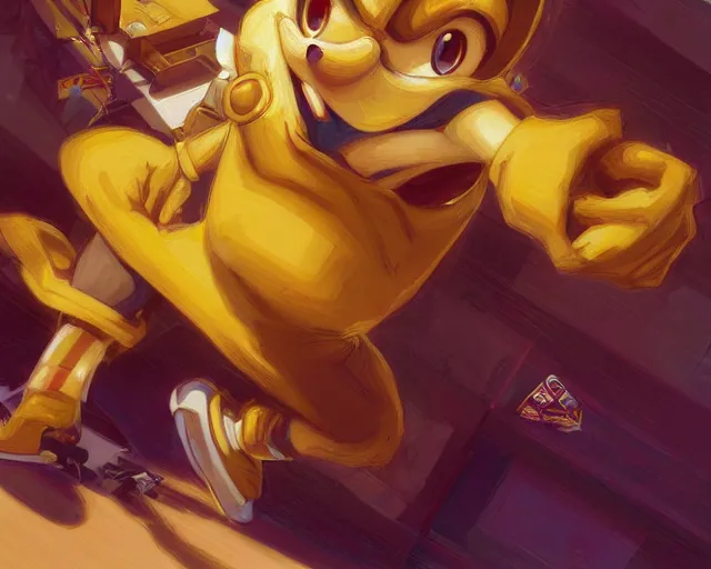 Prompt: sonic the hedgehog, mustard yellow dress shirt and necktie, focus, d & d, intricate, elegant, highly detailed, digital painting, artstation, concept art, matte, sharp focus, illustration, hearthstone, art by artgerm and greg rutkowski and alphonse mucha