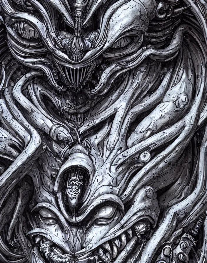 Image similar to engineer prometheus face, xenomorph alien face, highly detailed, symmetrical long head, smooth marble surfaces, detailed ink illustration, raiden metal gear, cinematic smooth stone, deep aesthetic, concept art, post process, 4k, carved marble texture and silk cloth, latex skin, highly ornate intricate details, prometheus, evil, moody lighting, hr geiger, hayao miyazaki, indsutrial Steampunk