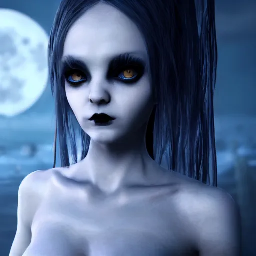 Prompt: full shot portrait of angry darkness anime girl at moonlight, gothic wearing, worrying eyes, by Tim Burton, Giger, detailed, unreal engine 4k volumetric light, dense fog,