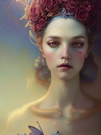 Image similar to the fairy queen by james jean, charlie bowater, tom bagshaw, nikolay makovsky : : ethereal, magical, portrait, character design, illustration, hyperrealism, photorealism, digital art, concept art, fantasy, whimsy, weta, wlop, artstation