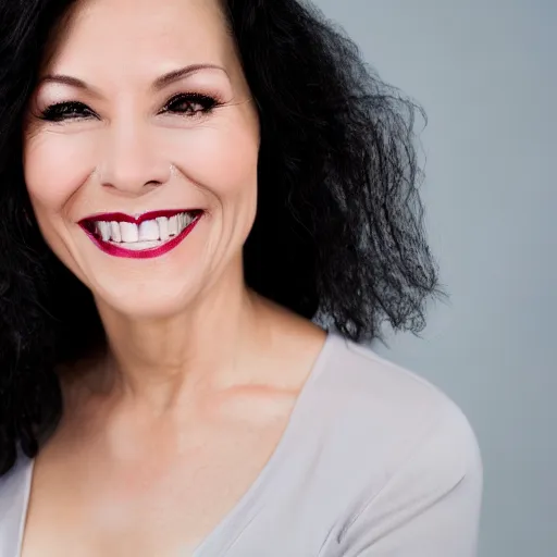 Prompt: professional headshot of an elegant female vampire in her 4 0 s smiling confidently at the camera, showing her long vampire fangs,. high resolution, nikon camera 8 k