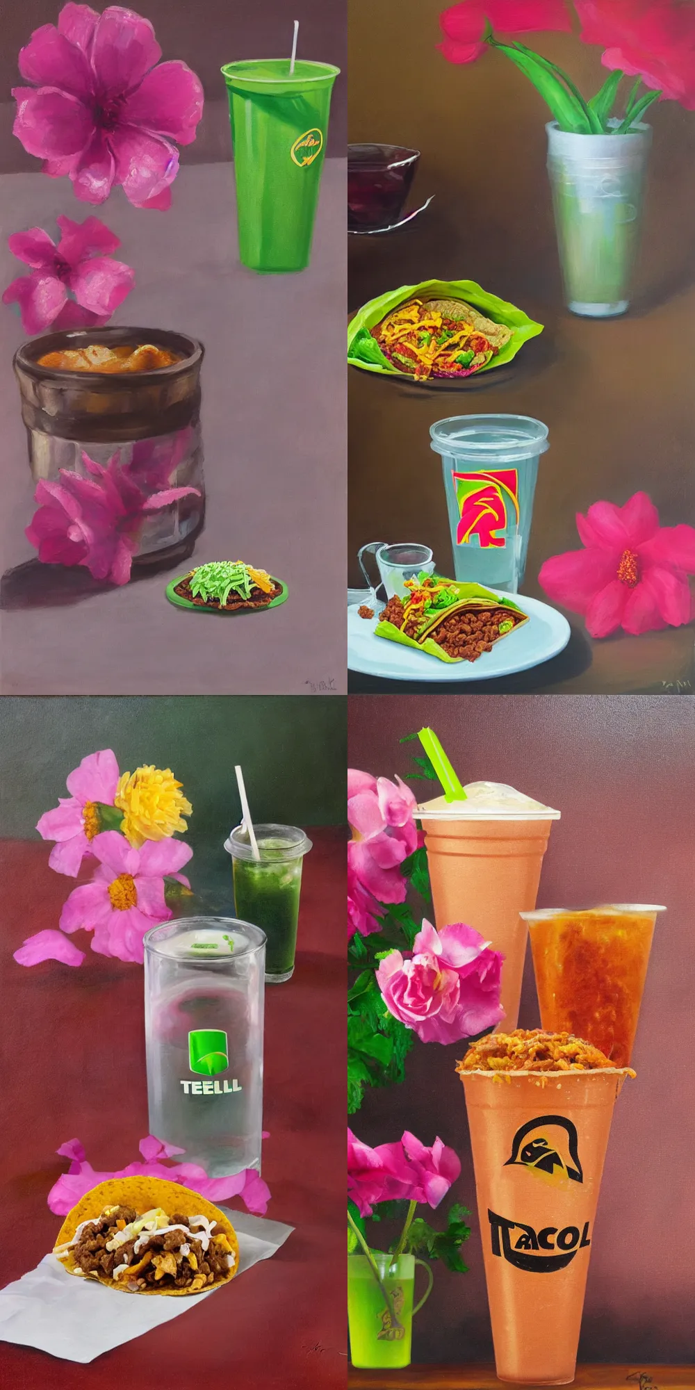 Prompt: taco bell meal with mountain dew in a clear cup next to a single pink flower in front of brown background, oil painting