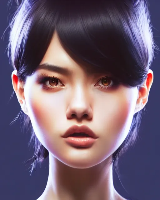 Image similar to full 1 2 0 mm face shot of a beautiful kazakh girl, in tshirt, furious, by saruei and guweiz and ilya kuvshinov and george miller, digital art, highly detailed, intricate, sharp focus, trending on artstation hq, deviantart, pinterest, unreal engine 5, 4 k uhd image