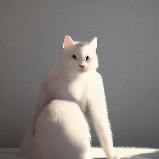 Image similar to cat furry, cat fursona, furry art, white fur, global illumination, radiant light, detailed and intricate environment