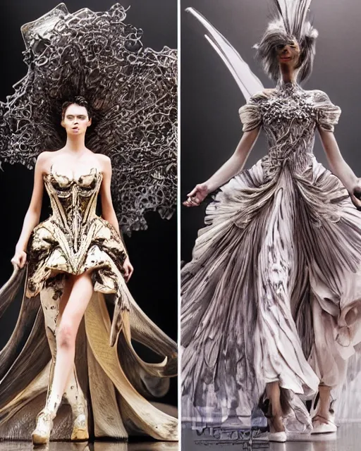 Image similar to fashion model walking down a catwalk, elaborate dress by alexander mcqueen, beautiful feminine face, art by michael whelan and chris moore and howard david johnson and tim white and dan giancola, sigma 8 5 mm f 1 6