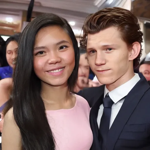 Image similar to Tom Holland with his arm around with a serious Filipina college girl