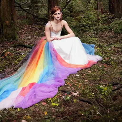 Prompt: photo of emma watson wearing a rainbow wedding gown sitting in a forest