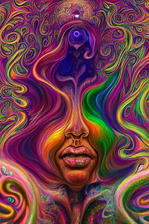 Image similar to abstract colorful liquid smoke and clouds morphing into detailed faces, dmt, psilocybin, lsd, intricate, elegant, highly detailed, digital painting, artstation, smooth, sharp focus, illustration, art by alex grey, hana yata, beeple, josephine wall, octane render, unreal engine, 8 k
