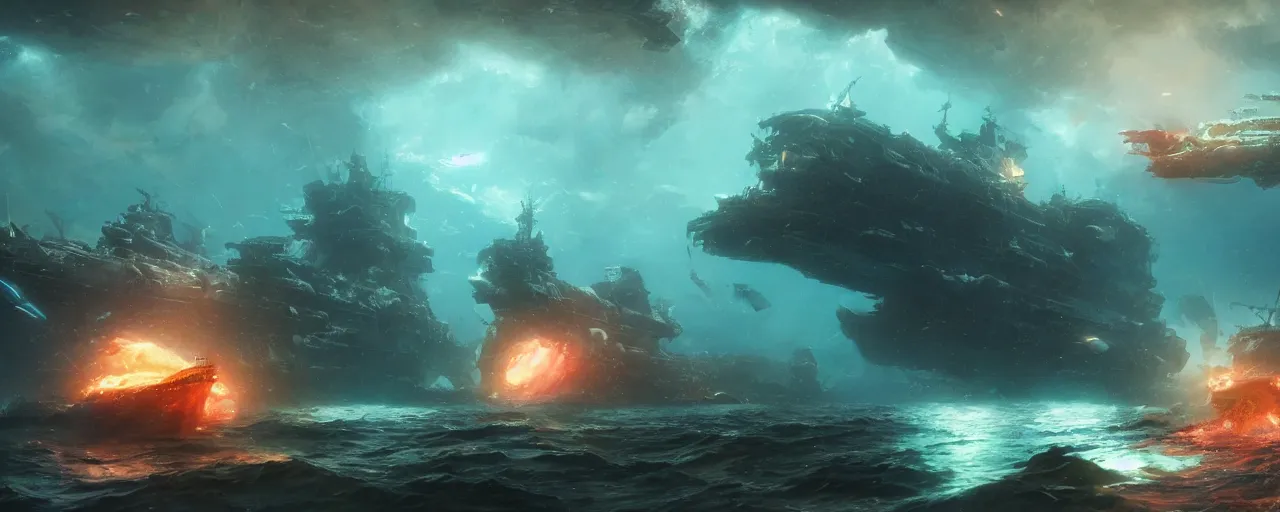 Prompt: fantasy battleship wreck underwater, coral reef, glowing aura, techno organic fish, 4 k, artstation, greg rutkowski, concept art, matte painting