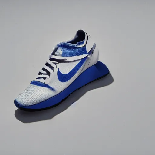 Image similar to a studio photoshoot of A Nike running sneaker designed by Virgil Abloh, mesh fabrics, Off-White, realistic, color film photography by Tlyer Mitchell, 35 mm, graflex