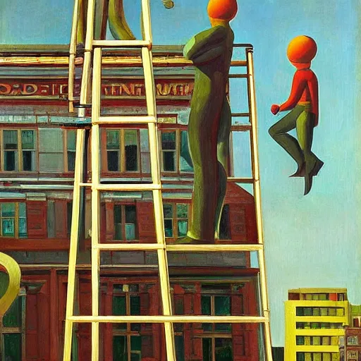 Image similar to giant robot in a scaffold, scientists climbing up, grant wood, pj crook, edward hopper, oil on canvas