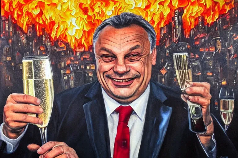 Prompt: viktor orban drinking champagne and cheering at the apocalyse in front a burning city, highly detailed eyes, oil on canvas