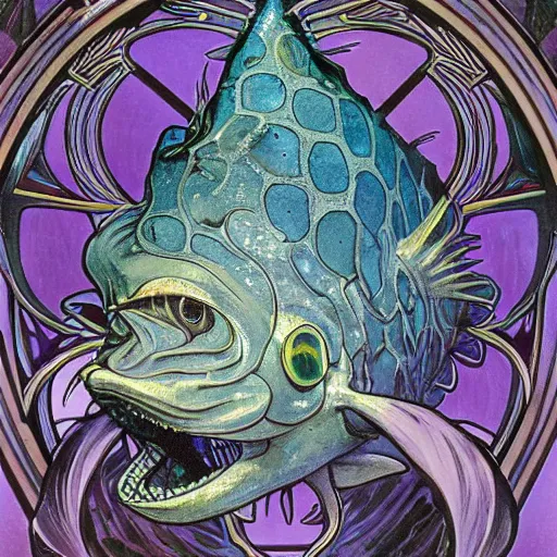 Prompt: a single fantasy deep sea fish that is heavily armored it has disproportionately huge wide spined pectoral fins on its head 6 large black eyes it's skin and fins have complex markings it is swimming in a purple deep landscape with jagged rocks by alphonse mucha and brian froud