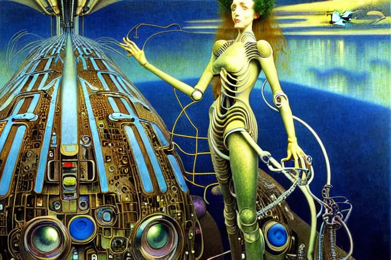 Prompt: realistic extremely detailed portrait painting of an anthropomorphic supercomputer robot, futuristic sci-fi landscape on background by Jean Delville, Amano, Yves Tanguy, Alphonse Mucha, Ernst Haeckel, Edward Robert Hughes, Roger Dean, rich moody colours, blue eyes
