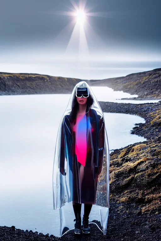 Image similar to an ultra high definition professional high fashion portrait studio full length photograph of a model wearing a transparent pearlescent raincoat and neon visor in an icelandic black rock environment at dawn. no artefacts. extremely detailed. stark. refraction. shallow depth of field. volumetric light and shadow. ray tracing. light rays.