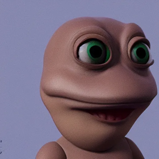 Image similar to a sadge - sad - pepe - the - frog, looking more depressed than usual, quivering lips, fists in the air, sweat flying, cgi render, zbrush, octane, keyshot render