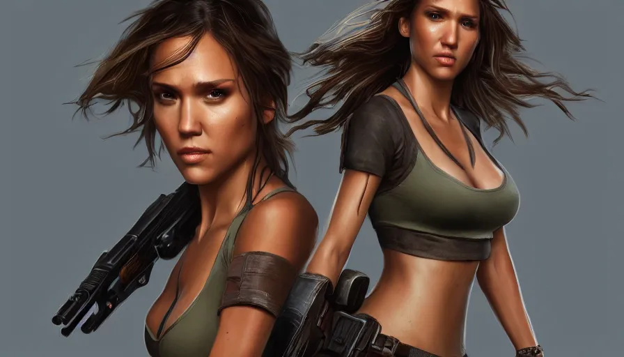 Prompt: Jessica Alba is Lara Croft, hyperdetailed, artstation, cgsociety, 8k