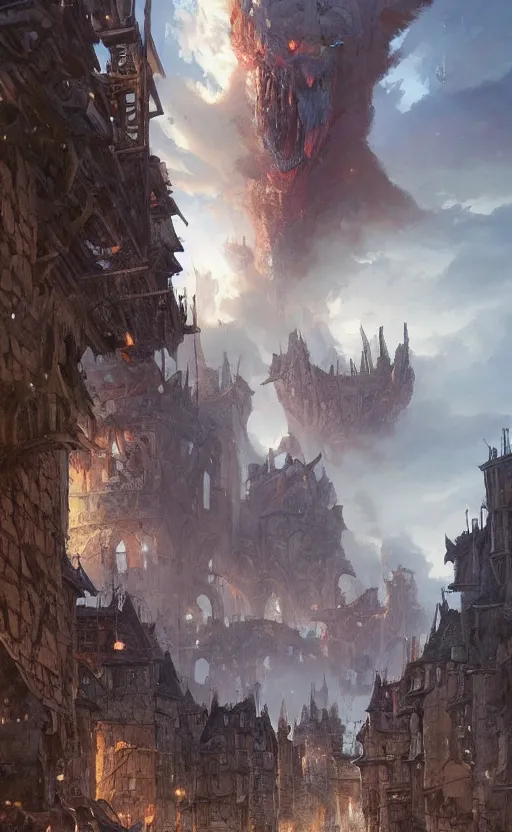 Image similar to a beautiful artwork illustration, a giant monster stepping on a medieval village, destruction, by Greg Rutkowski and Jesper Ejsing and Raymond Swanland, featured on artstation, wide angle, vertical orientation