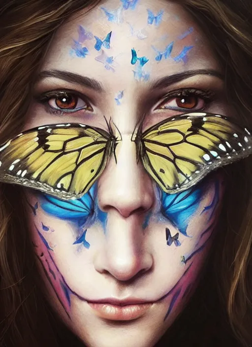 Prompt: a woman with her face painted like a butterfly. butterfly face painting. beautiful highly detailed face. painting by artgerm and greg rutkowski and magali villanueve.