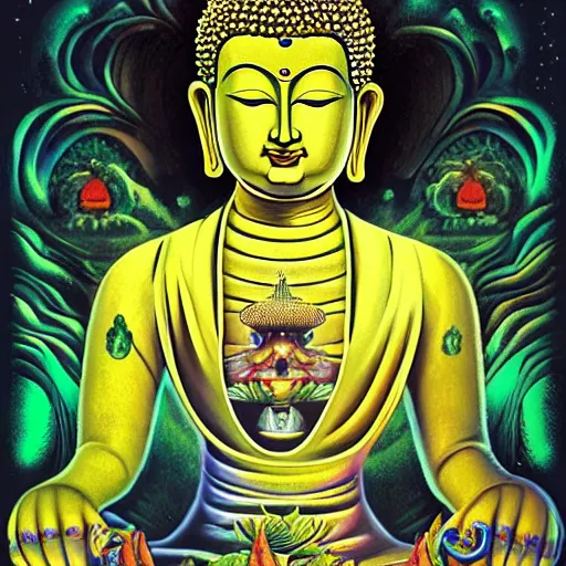 Image similar to the buddha as a DMT machine elf by “alex gray”