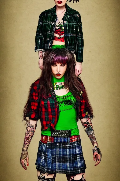 Image similar to upper body portrait hannah as a punk woman with green mohawk, covered in neotraditional style tattoos, wearing a bold tee shirt, flannel jacket, fishnets and a long tartan skirt, intimidating, max details, hyperrealistic, photorealistic, ultra - realistic, ultra - detailed, cinematic, 8 k resolution by alan lee