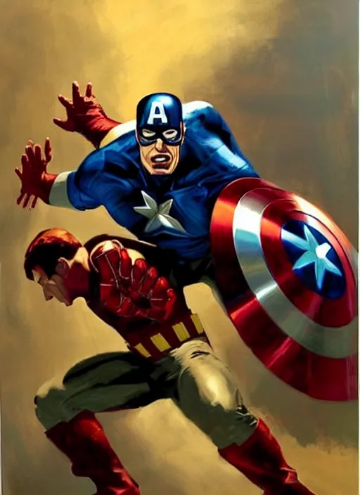 Prompt: captain america brawling with iron man, painting by phil hale,'action lines '!!!, graphic style, visible brushstrokes, motion blur, blurry