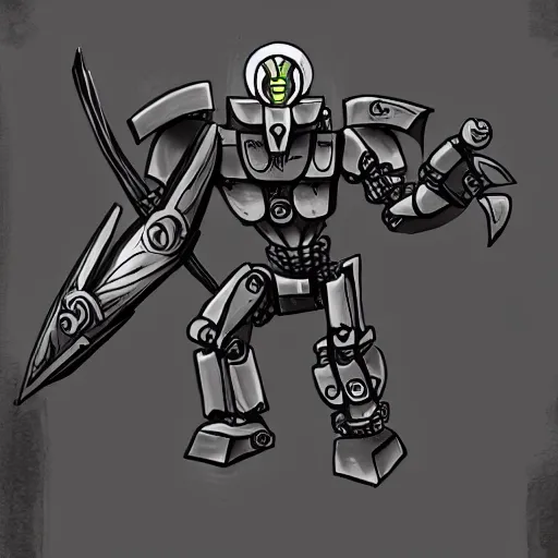 Image similar to A paladin warforged from Dungeons & Dragons looking like the BIONICLE Keetongu from Lego, with one eye and a heavy armor, with eldritch styled tatoos on his arms, art by Gref Farshtey