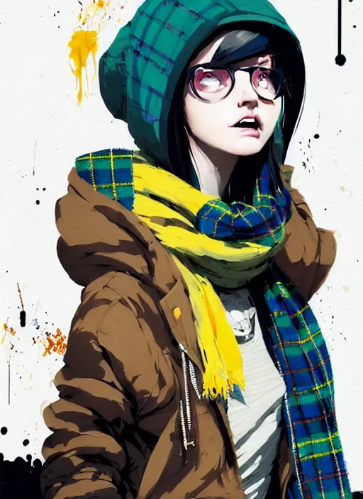 Image similar to highly detailed portrait of a sewer punk lady student, blue eyes, tartan hoodie and scarf, white hair by atey ghailan, by greg rutkowski, by greg tocchini, by james gilleard, by joe fenton, by kaethe butcher, gradient yellow, black, brown and pink color scheme, grunge aesthetic!!! ( ( graffiti tag wall background ) )